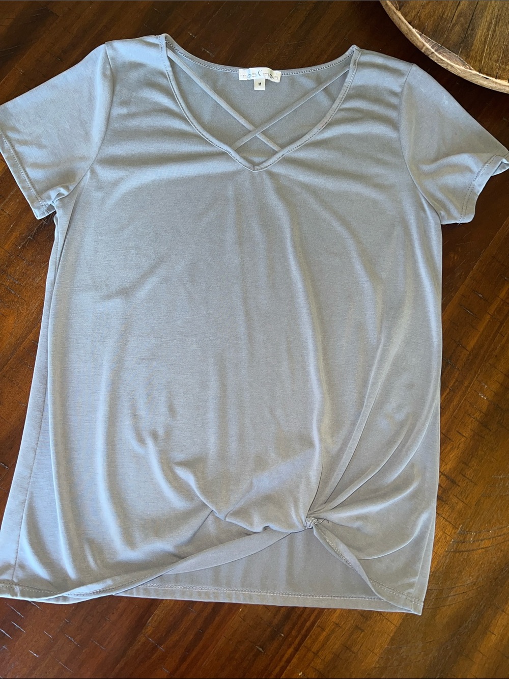 Moa Moa Light Gray V-Neck Short Sleeve Top with Twist Knot